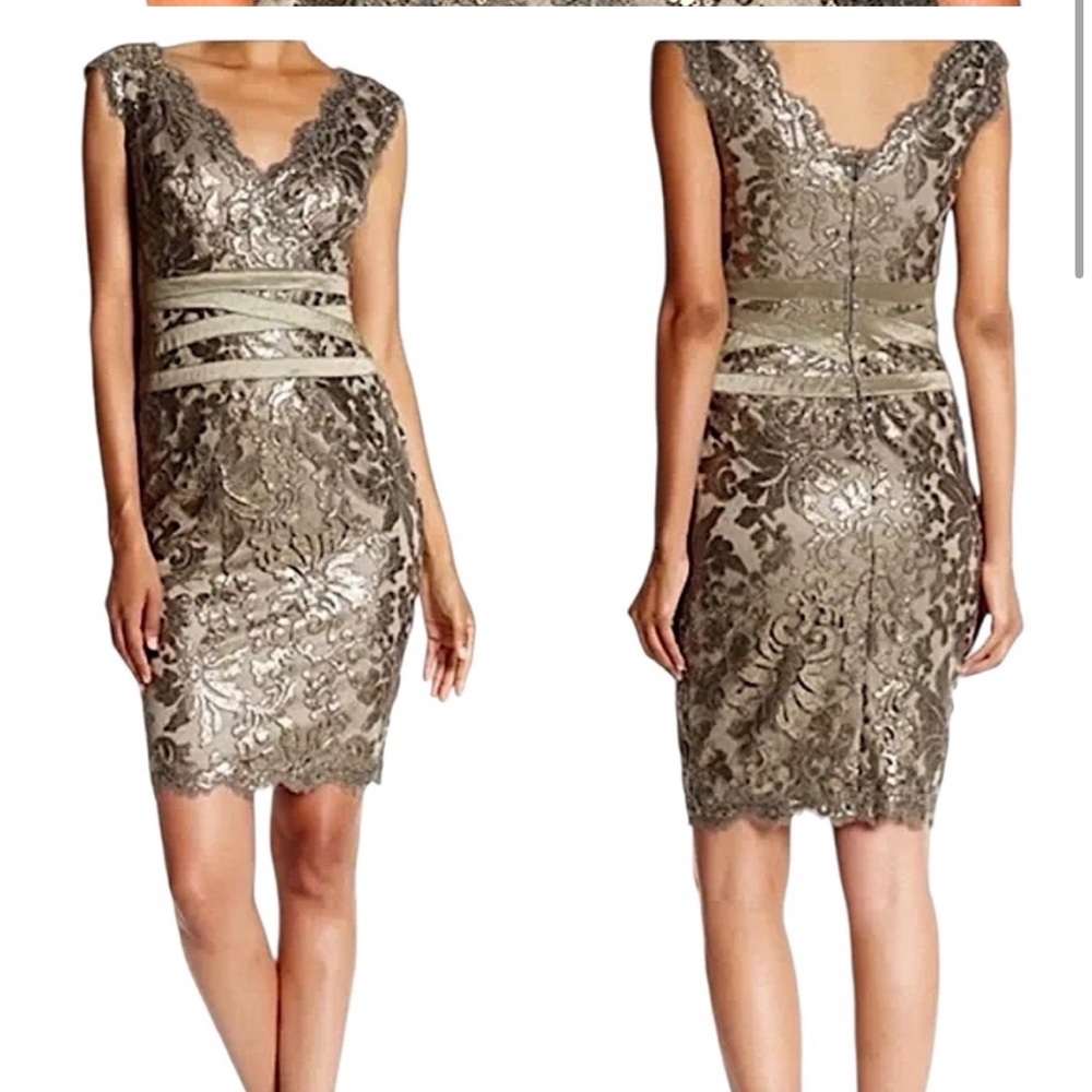 Tadashi Shoji sequin Lace Mini Dress 14 green gold cocktail